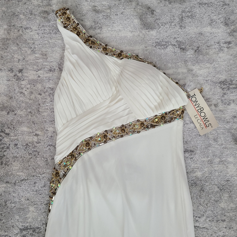Tony Bowls White Gold Evening Prom Gown Size 10 - Picture 5 of 14